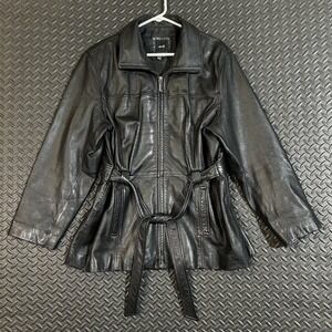 JLC New York Women XL Black Leather Jacket Belted Zip Front Genuine Leather Coat